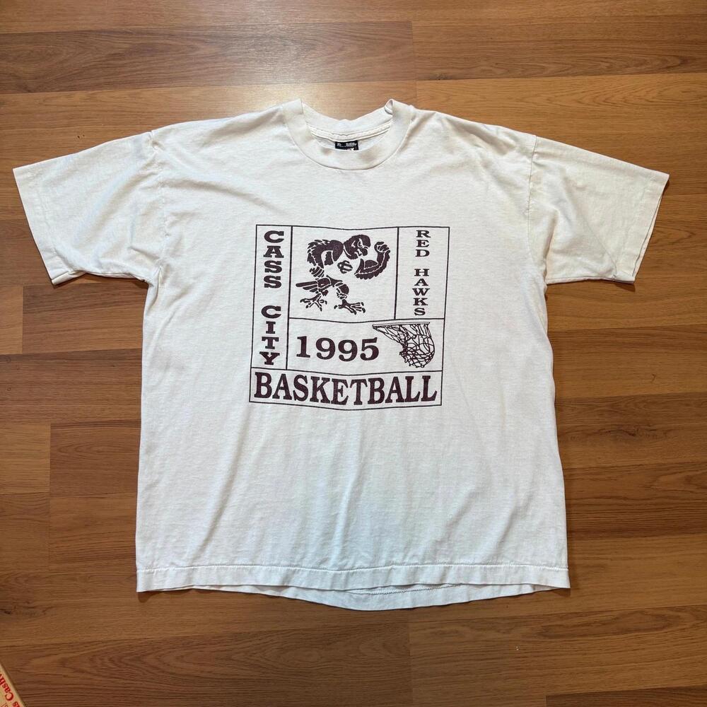 1995 Cass City Red Hawks Basketball Michigan White Red Tee Shirt l